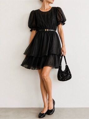 S’edge Black Puff-Sleeve Tiered Midi Dress